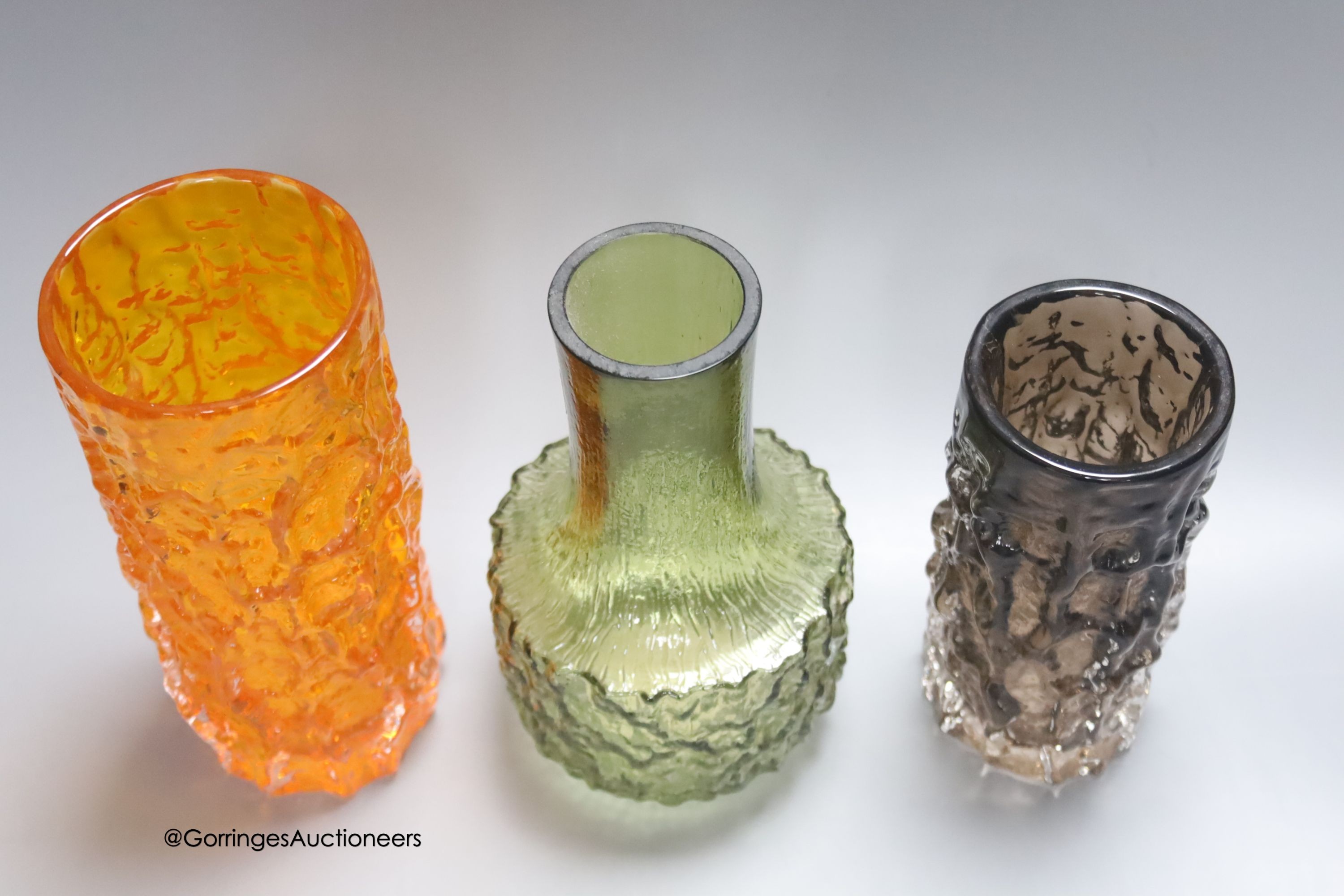 Geoffrey Baxter for Whitefriars, three textured glass 'bark' vases, H 19cm (tallest)